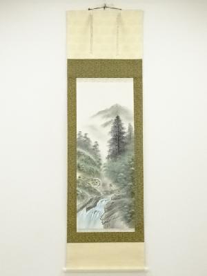 大城筆　彩色山水　肉筆絹本掛軸（保護箱）